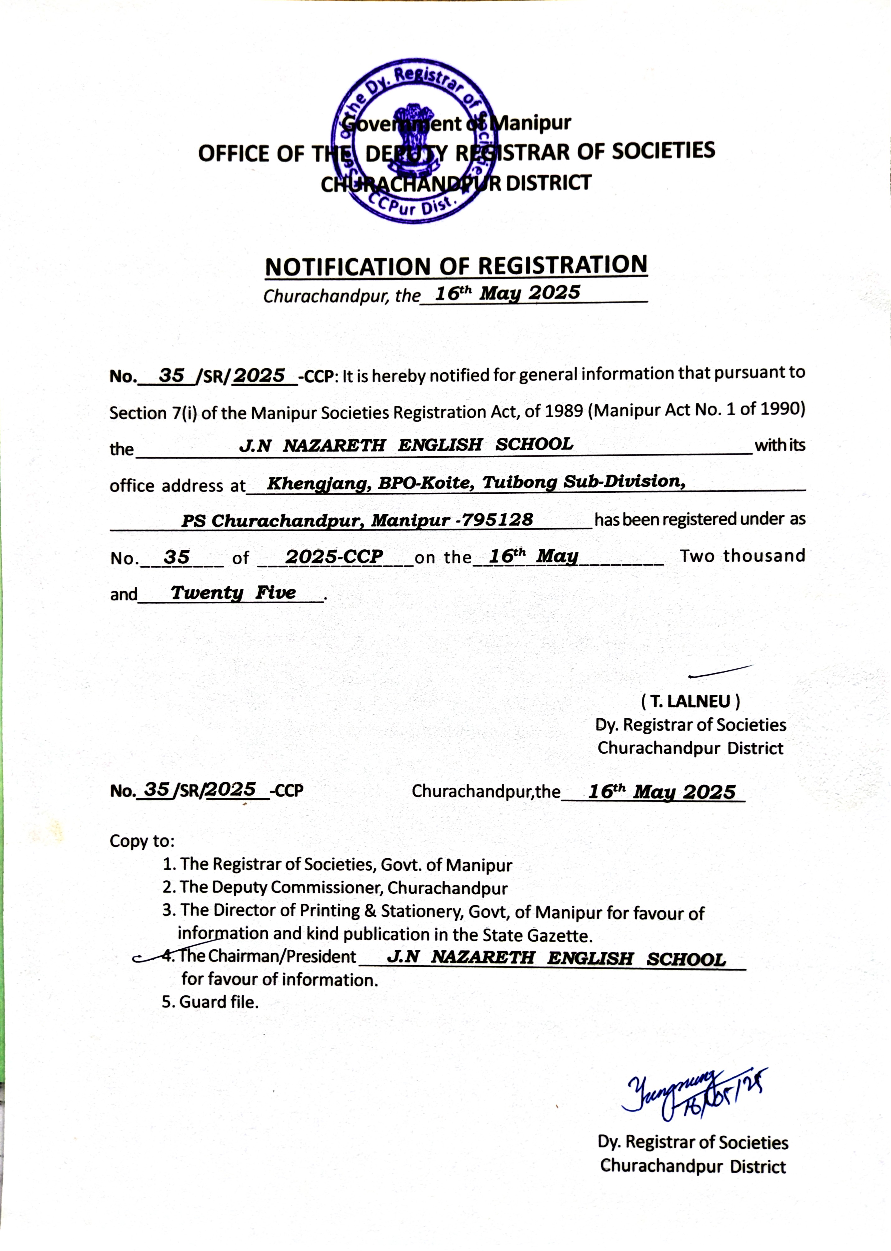 NOTIFICATION OF REGISTRATION