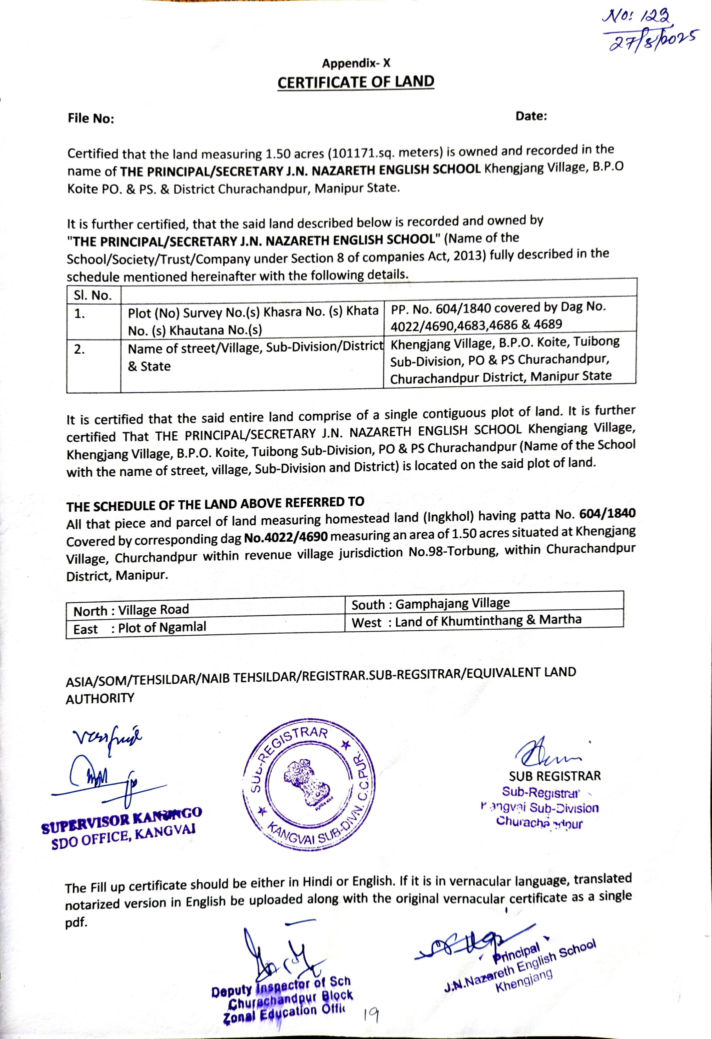 CERTIFICATE OF LAND